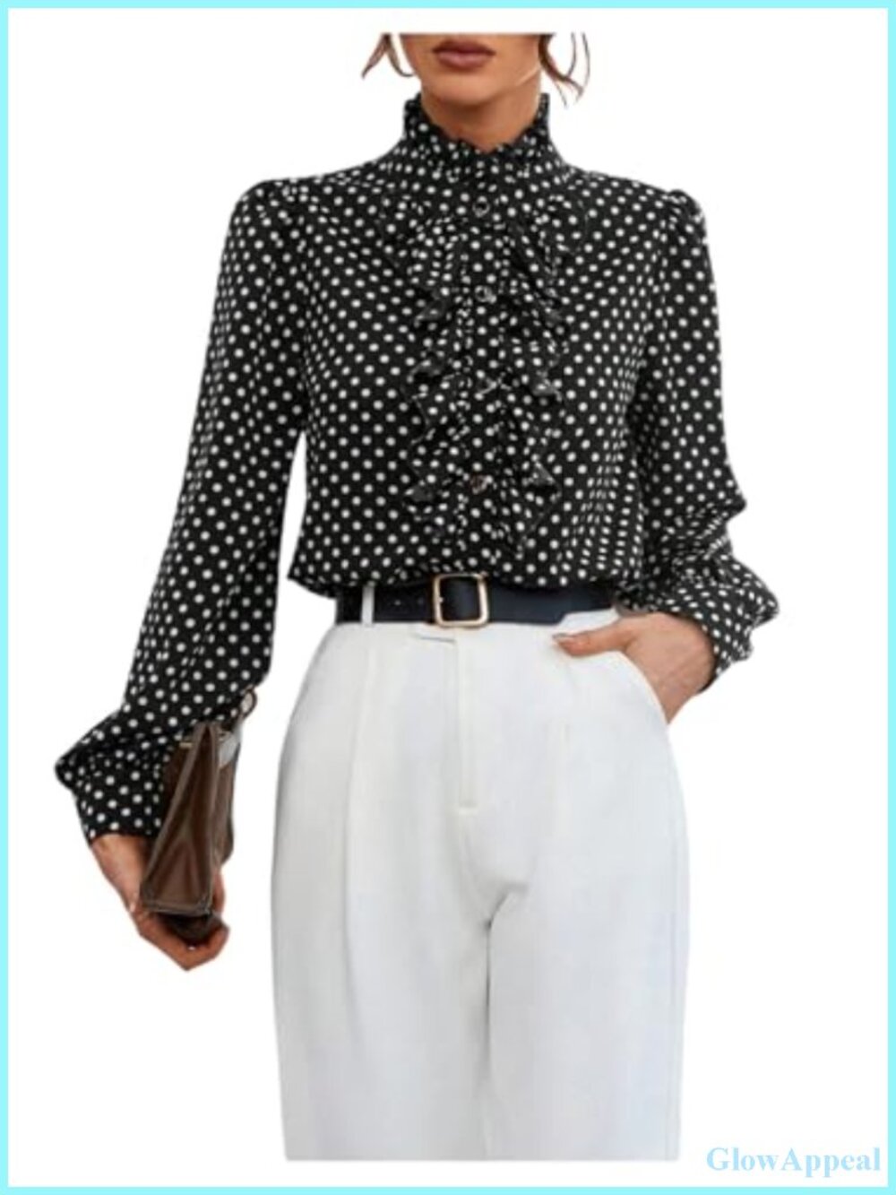 Ruffle Trim Long Sleeve Polka Dot Blouse Button Down Mock Neck Puff Sleeve